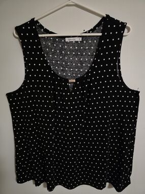 Polka Dot Sleeveless Flowy Tank Top Scoop Neck Keyhole Stretch Black White 2X